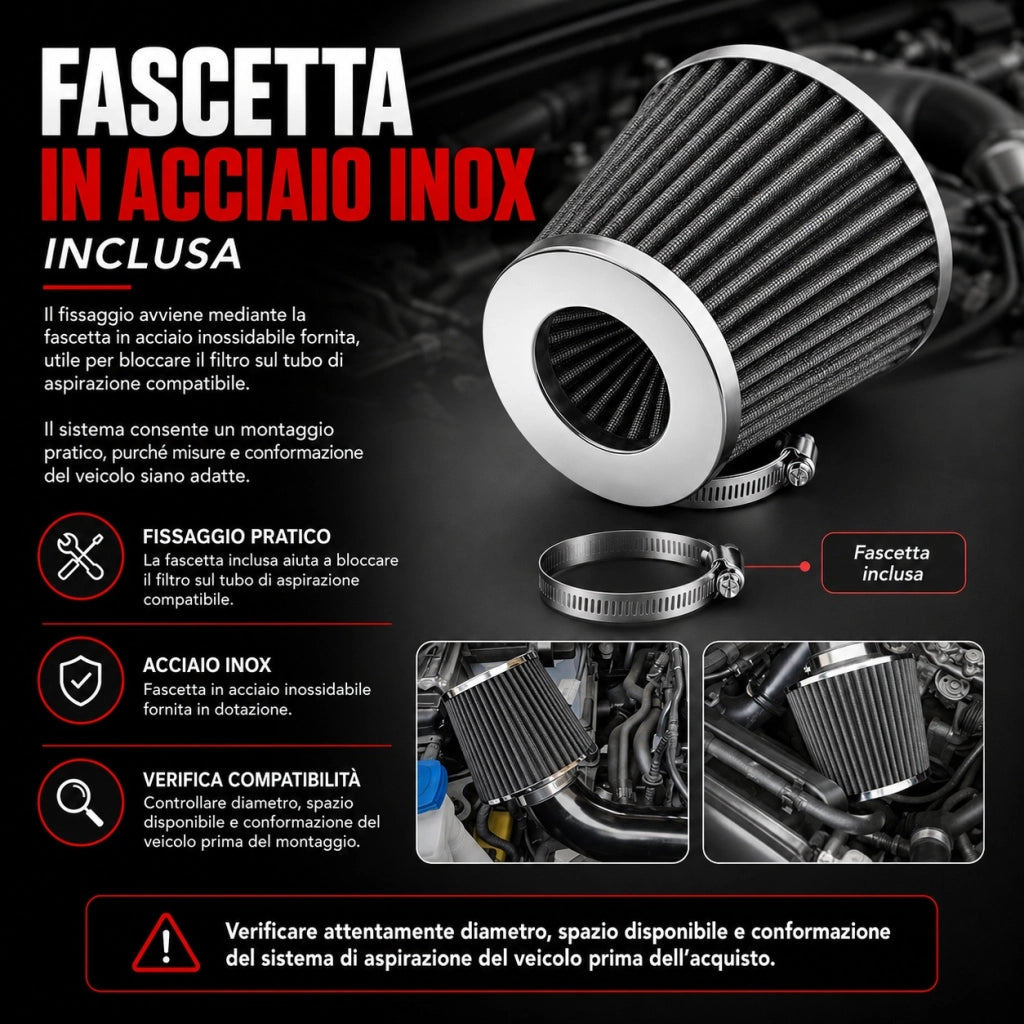 Filtro Aria Conico Auto 76 mm Alto Flusso Universale SY-LQQ0103