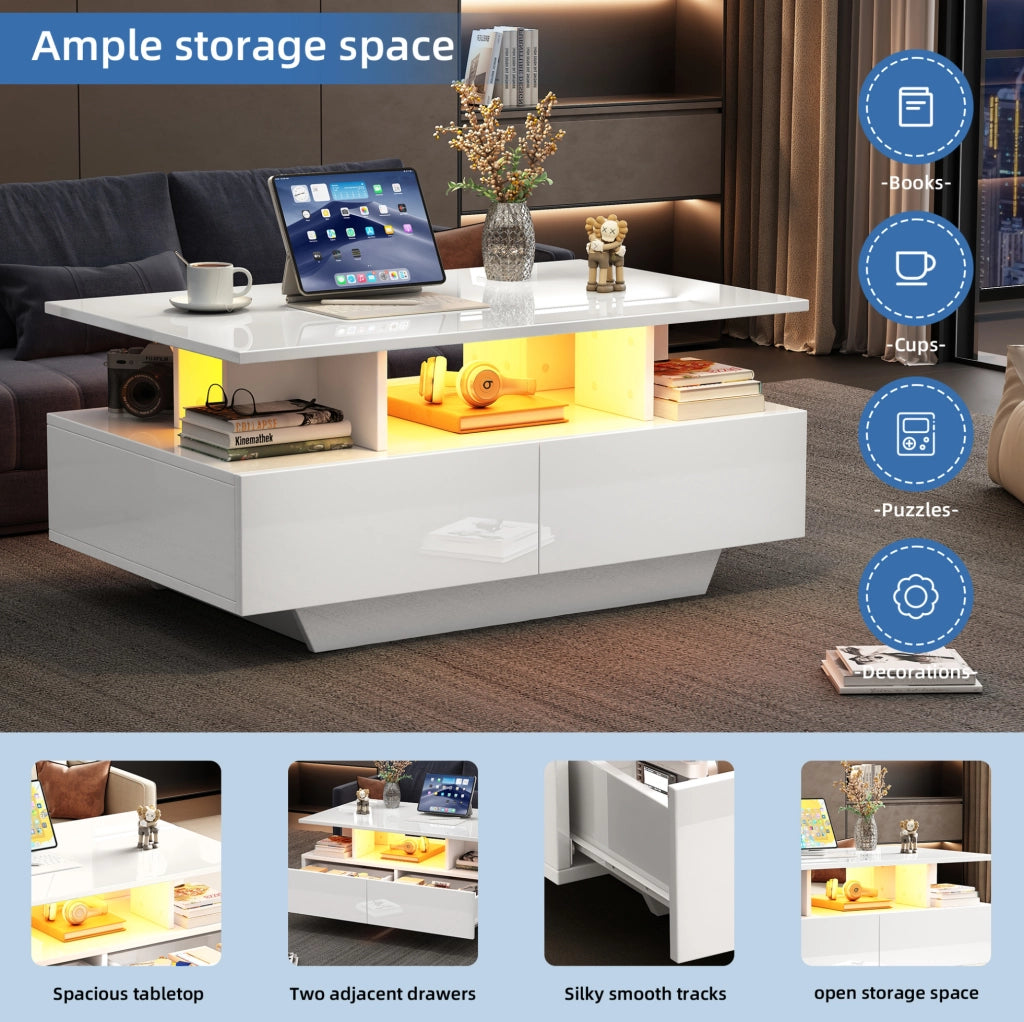 Tavolino da salotto moderno lucido con LED; 2 cassetti; 90x55x41 cm; bianco