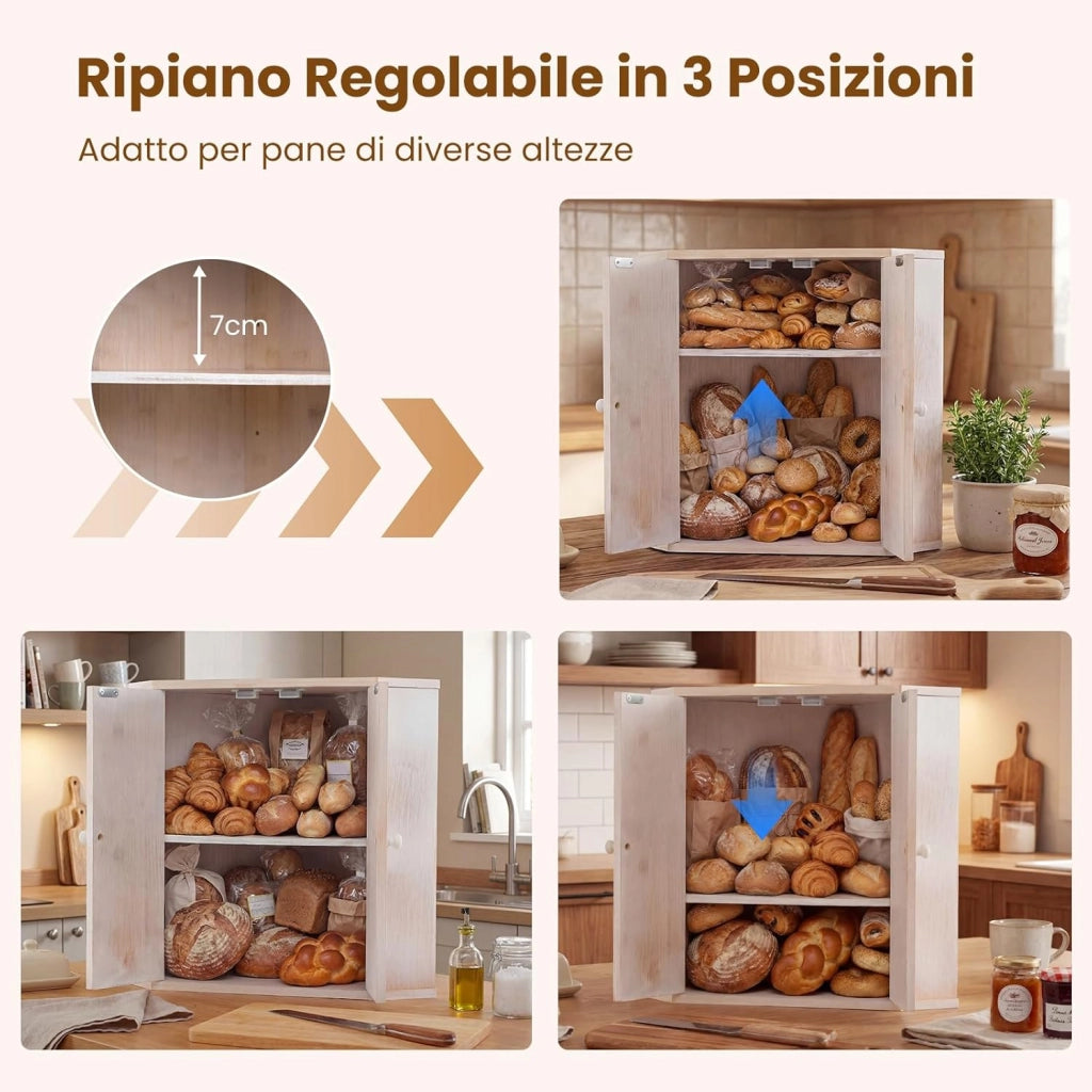 Scatola Porta Pane Angolare, Organizzatore per Pane a Doppio Strato in Bamboo con Ripiano Regolabile, Contenitore Porta Pane Capiente per Bancone Cucina, 31x31x41 cm