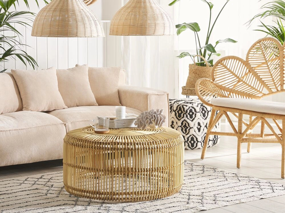 Tavolino da caffè in legno chiaro rattan 84 cm struttura in ferro a forma di tamburo per esterni interni Boho rustico