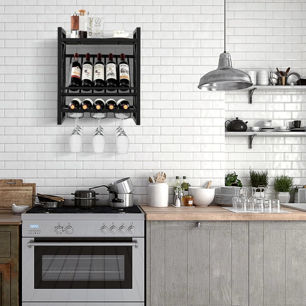 Cantinetta a Parete, Scaffale Vino Decorativo con Portacalici per Coppe, Supporto per Bottiglie Appendibile, 20 kg di Carico per Strato, per Cucina, Cantina, Bar (51 x 26,5 x 60 cm)