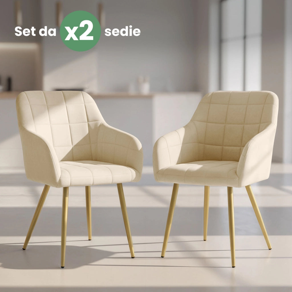 Set di 2 Sedie imbottite con cuciture quadrate LUXANO Beige gambe oro