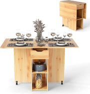 Tavolo Pieghevole da Cucina, Tavolo da Pranzo Piccolo Pieghevole con 2 Ruote, Tavolo da Cucina Mobile con 1 Cassetto e 2 Ripiani, Tavolo da Pranzo in Legno