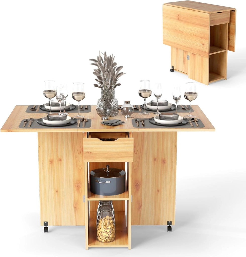 Tavolo Pieghevole da Cucina, Tavolo da Pranzo Piccolo Pieghevole con 2 Ruote, Tavolo da Cucina Mobile con 1 Cassetto e 2 Ripiani, Tavolo da Pranzo in Legno