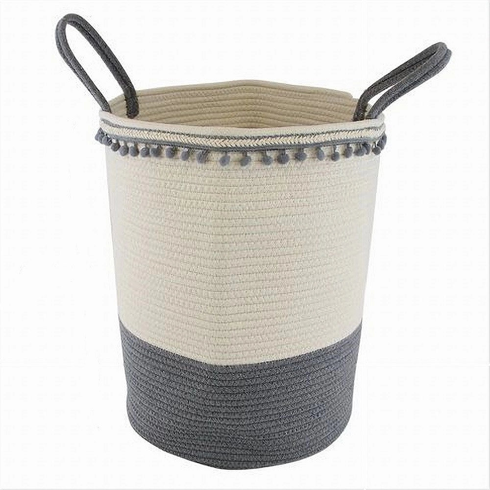 Trade Shop - Cesto Portaoggetti Per Biancheria In Corda Ponpon Grigi Con Manici 35x45cm 10672 -