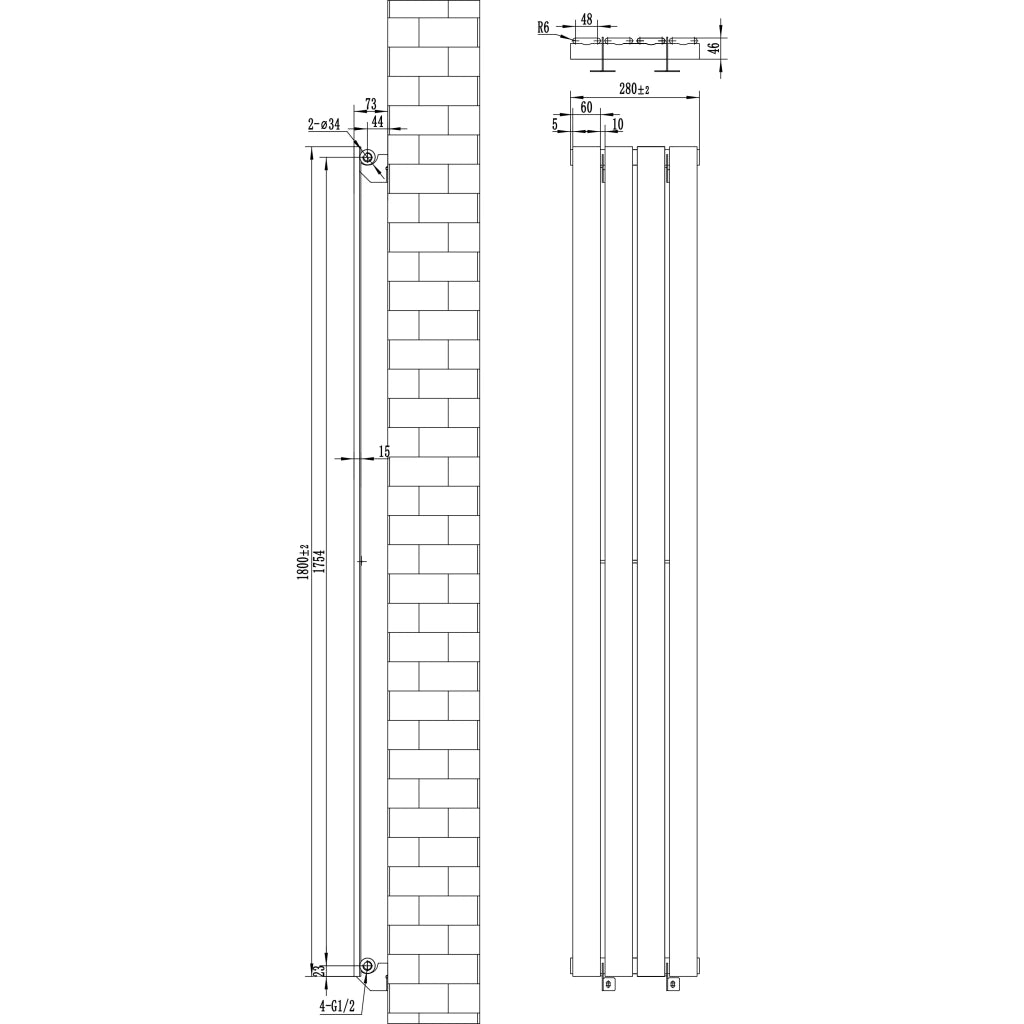 Radiatore Verticale Design Piatto Colonna Singola Antracite 1800x280 mm