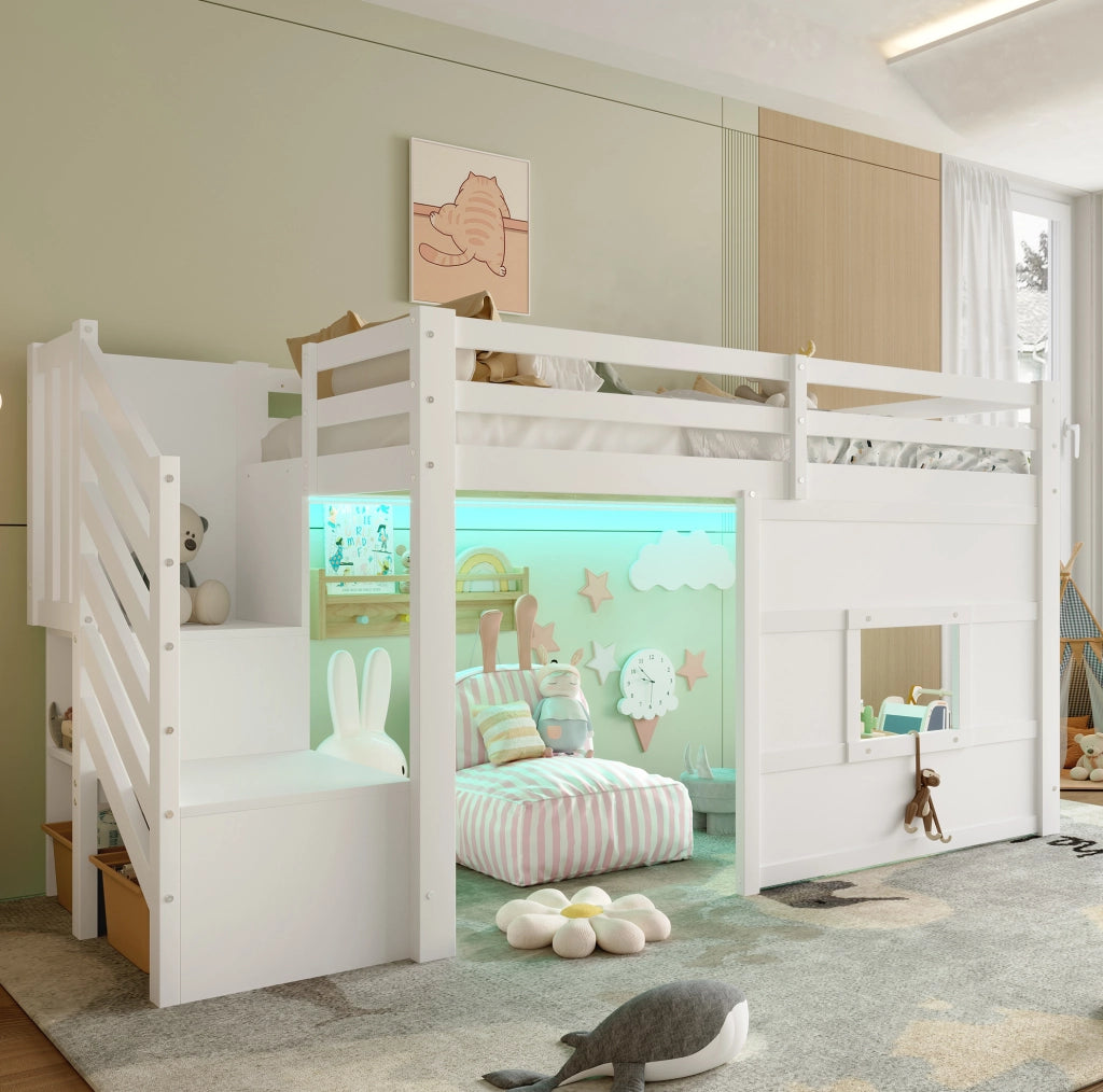 Letto a soppalco 90x200 cm bianco con scala contenitore, finestra e LED