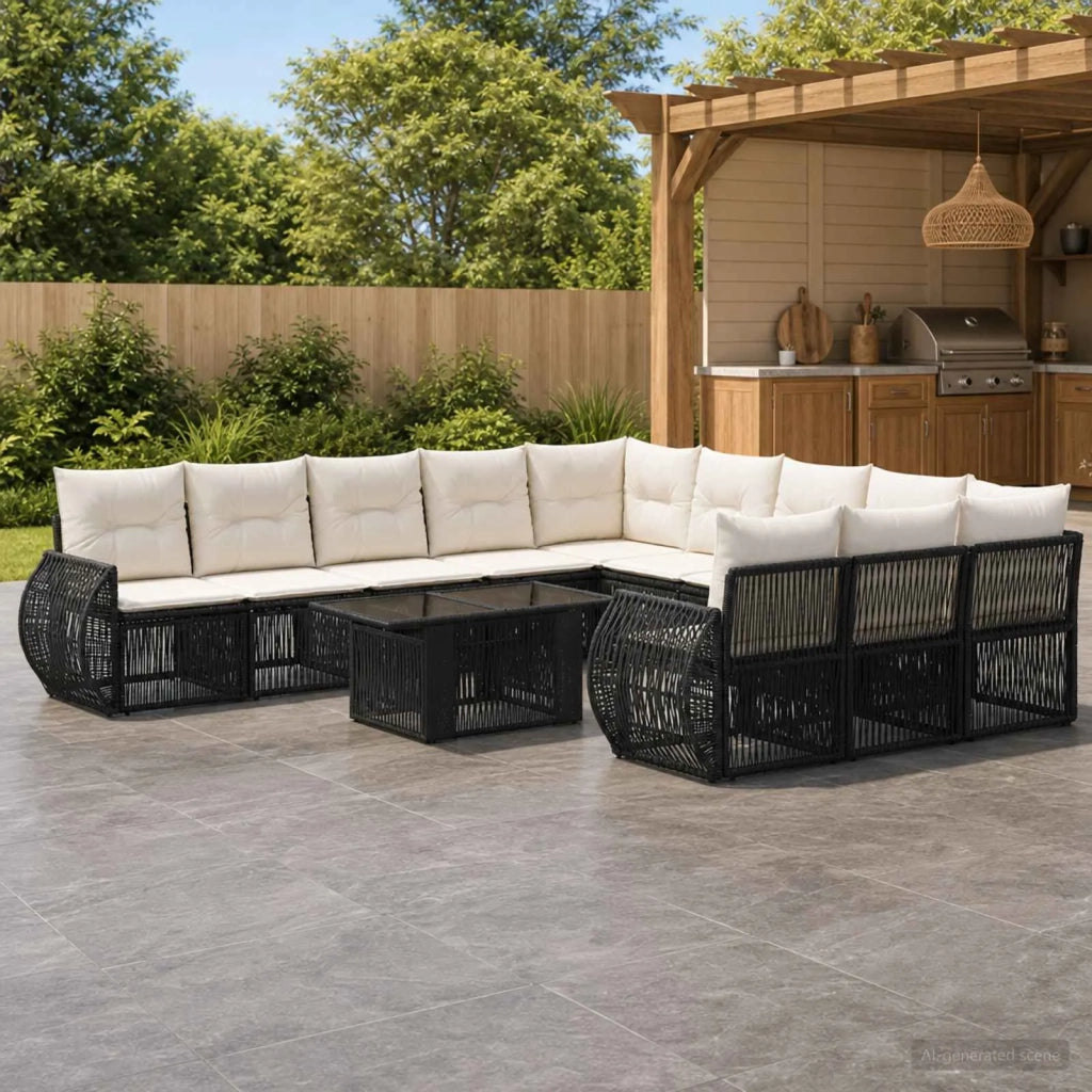 Set Divano da Giardino 12 pz Nero e Bianco Crema polyrattan 3437008