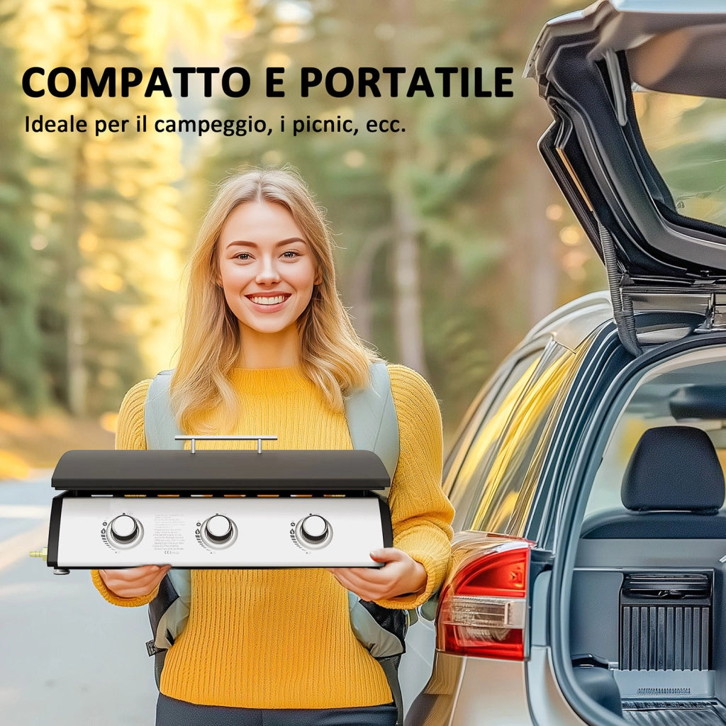Piastra a Gas con 3 Bruciatori Potenza 7,5kW con Coperchio in Acciaio Smaltato Nero