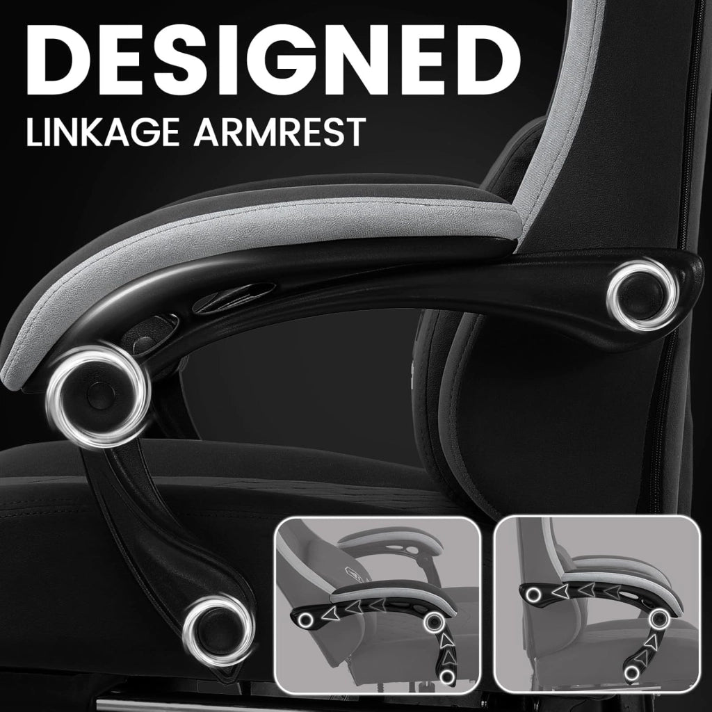 Sedia da gaming, ergonomica, da scrivania, con superficie in tessuto, cuscino a molla, braccioli di collegamento e poggiapiedi, nero scuro