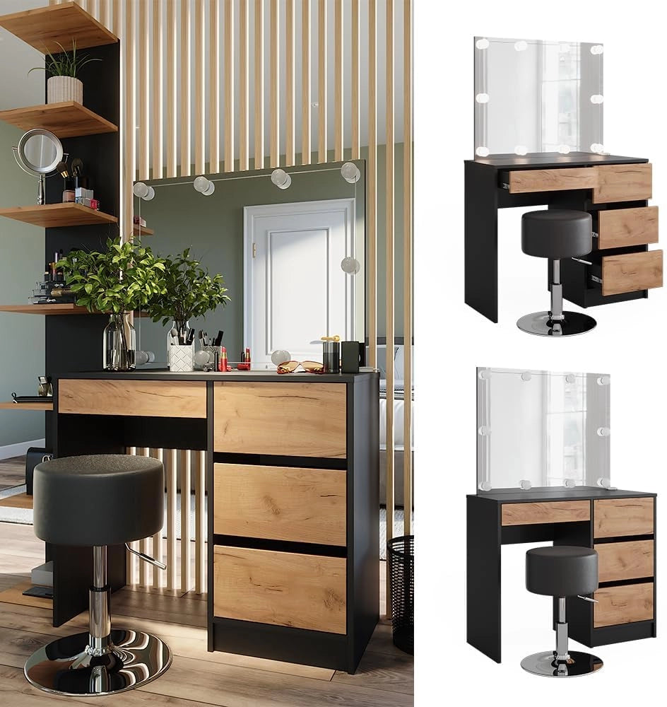 Tavolo da toilette Sherry, Antracite/quercia dorata, 90 x 75 cm con specchio, illuminazione LED e sgabello, con illuminazione a LED e panca imbottita