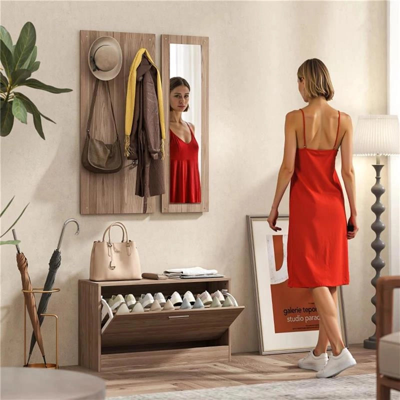 SET MOBILI DA INGRESSO CON PANCA SCARPIERA, APPENDIABITI A MURO E SPECCHIO, 80X27X46.5 CM, MARRONE SCURO