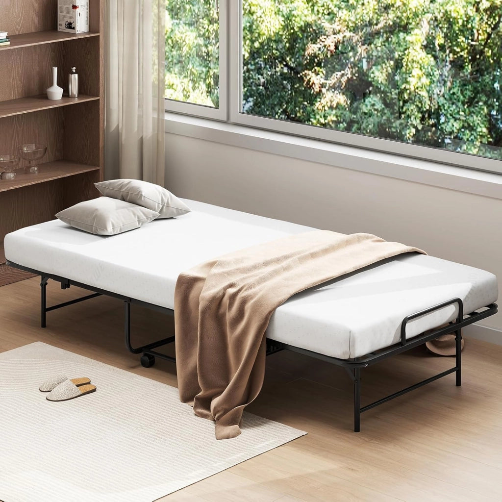 Brandina Pieghevole con Materasso, Letto Portatile per Ospiti con Telaio in Metallo Resistente, Letto Singolo con Ruote Bloccabili, 194x90 cm, Carico 220 kg