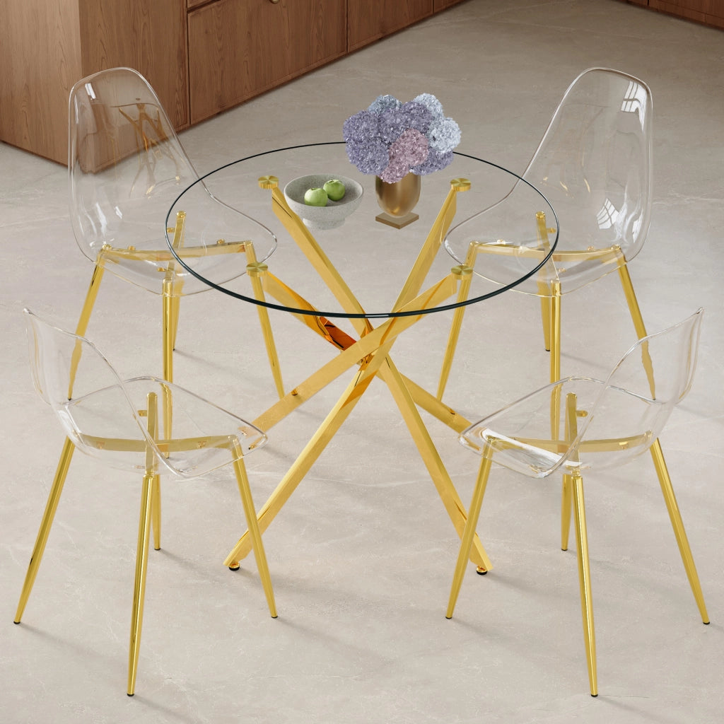 Set tavolo da pranzo e sedie con 1 tavolo rotondo e 4 sedie; vetro temperato; metallo e plastica oro trasparente