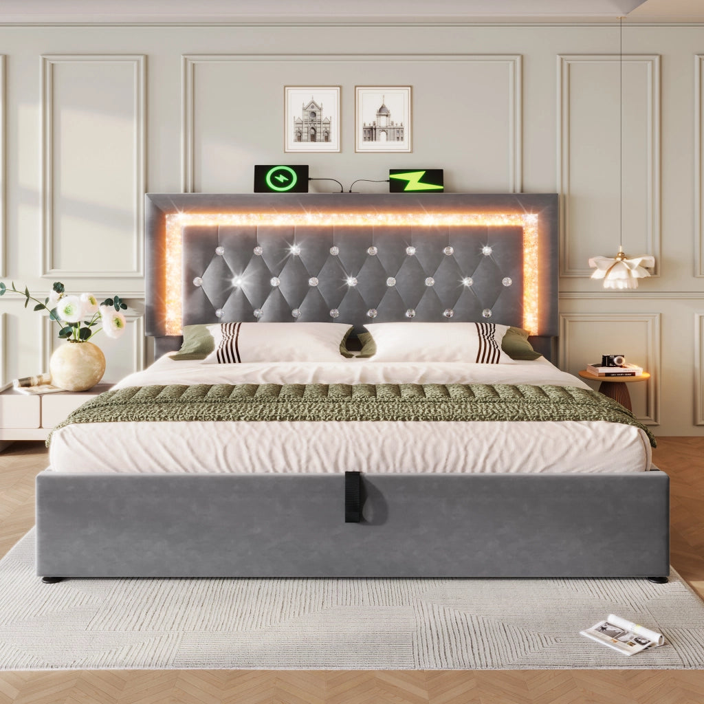 OKWISH Letto Contenitore 140×200 cm, Letto Matrimoniale con LED Regolabile, USB, Tipo C e Vano Contenitore Idraulico, con Materasso, in Velluto, Grigio