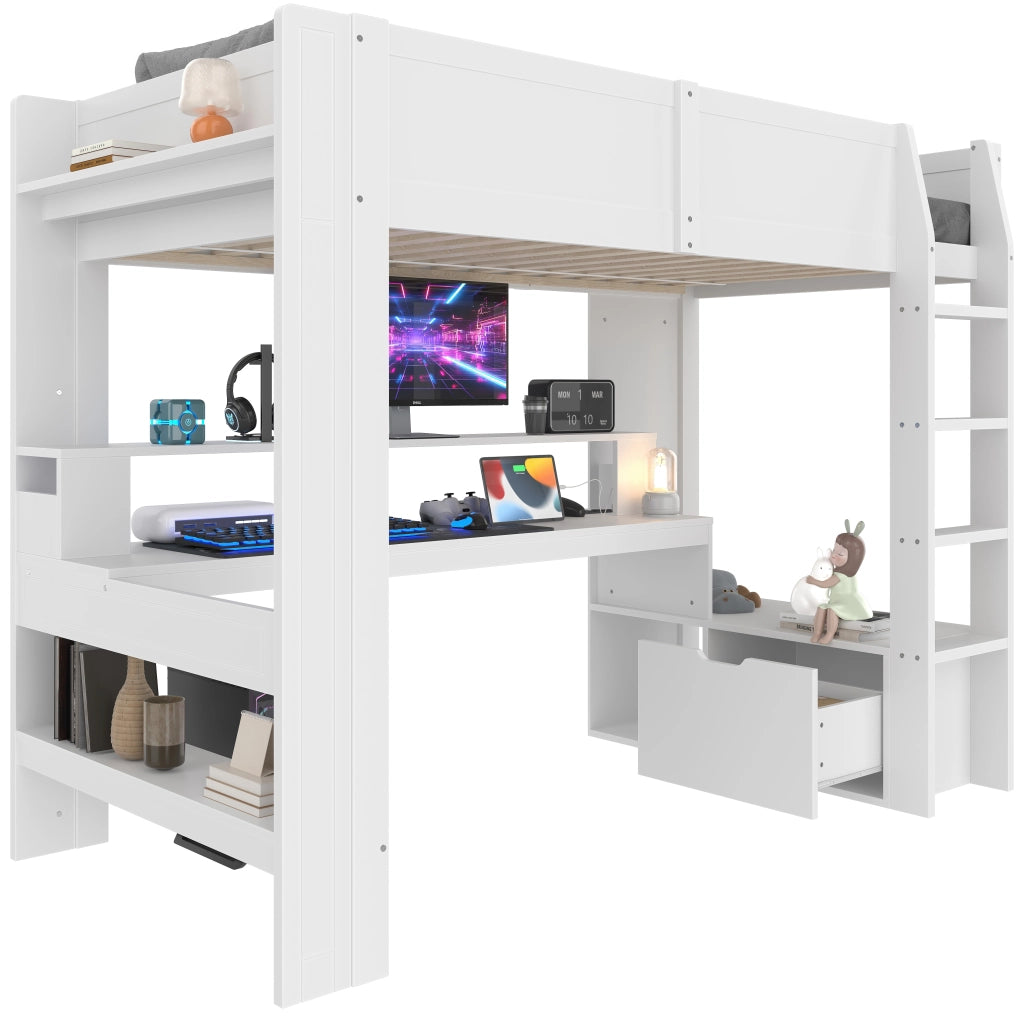 Hochbett bianco in pino con scrivania led e cassetti 90x200 cm