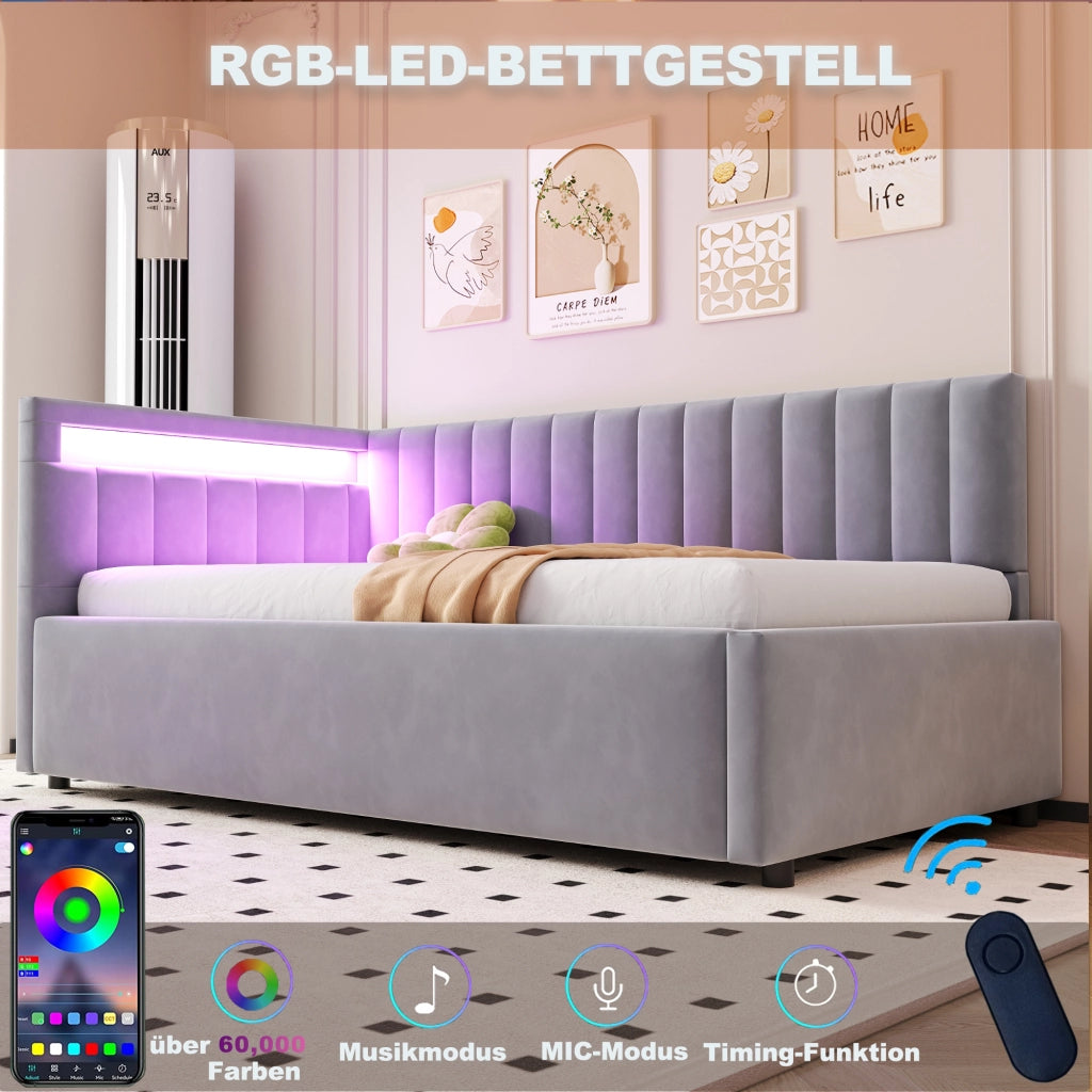 DESMIU Divano letto 90 × 200 cm 1 posto con LED, contenitore idraulico, senza materasso, velluto grigio