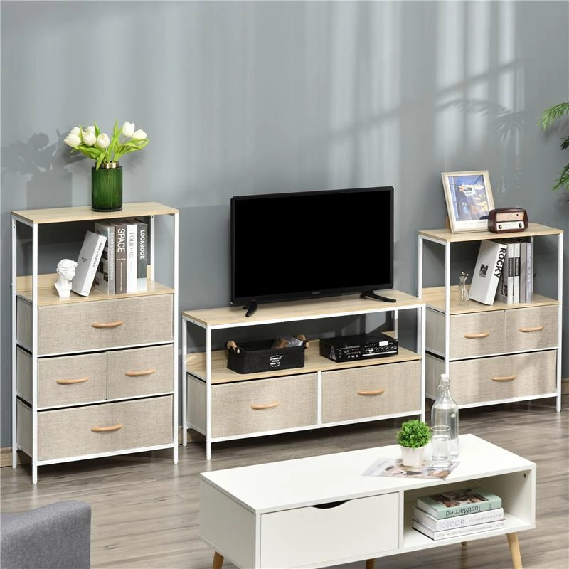 MOBILE PORTA TV DA 47" CON CASSETTI PIEGHEVOLI IN TESSUTO E MENSOLA IN METALLO E MDF, 98X29X56CM, COLORE LEGNO