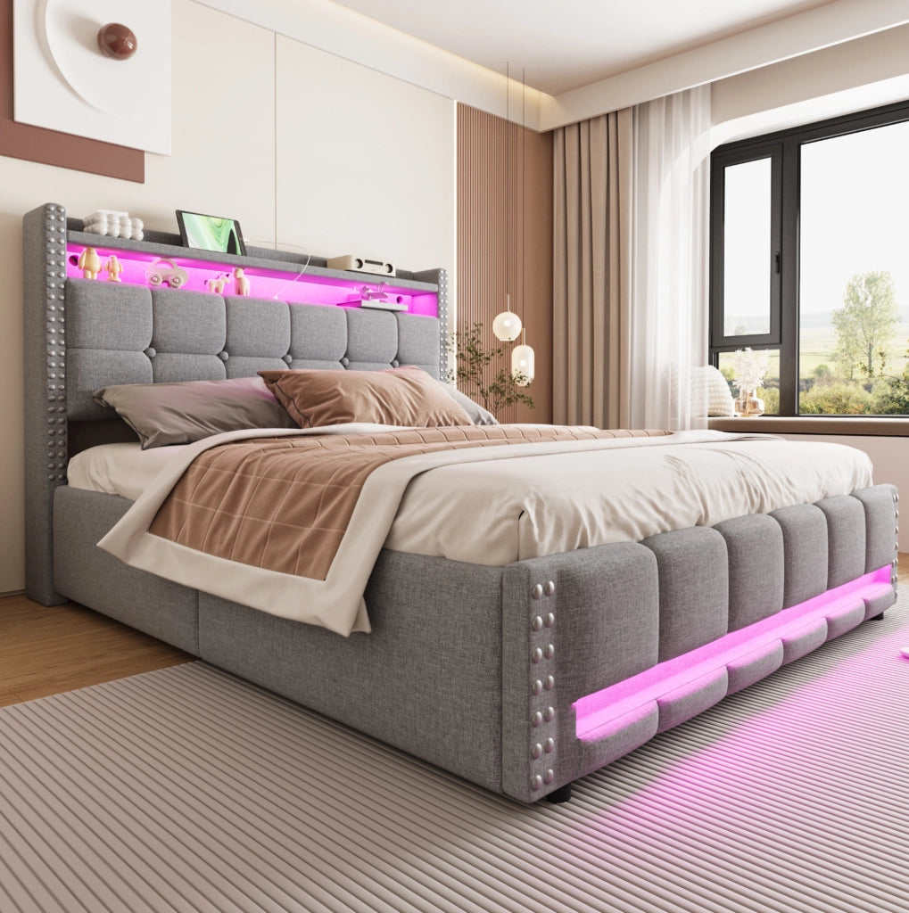 Letto imbottito 160x200 cm con LED; USB e contenitore in lino grigio chiaro