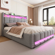 Letto imbottito 160x200 cm con LED; USB e contenitore in lino grigio chiaro