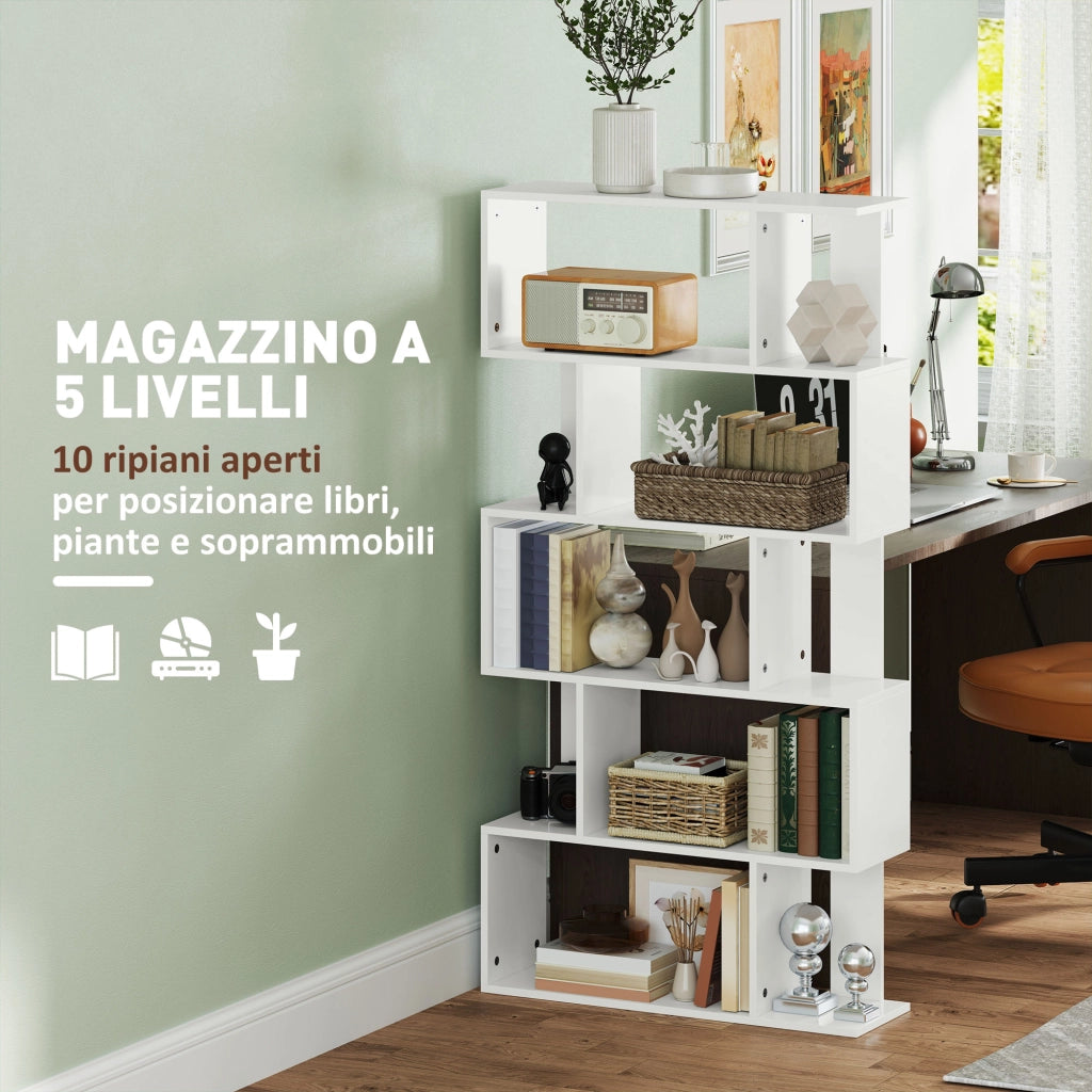 Libreria Asimmetrica a S a 5 Livelli 80x24x159 cm in Legno Bianco