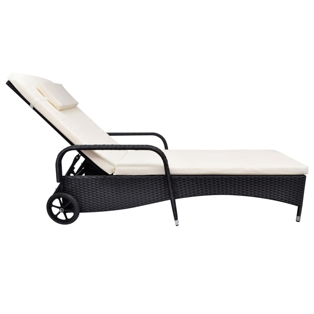 Lettino Prendisole con Cuscino e Ruote in Polyrattan Nero cod mxl 6068