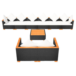Set Divani da Giardino 9 pz con Cuscini in Polyrattan Nero 42752