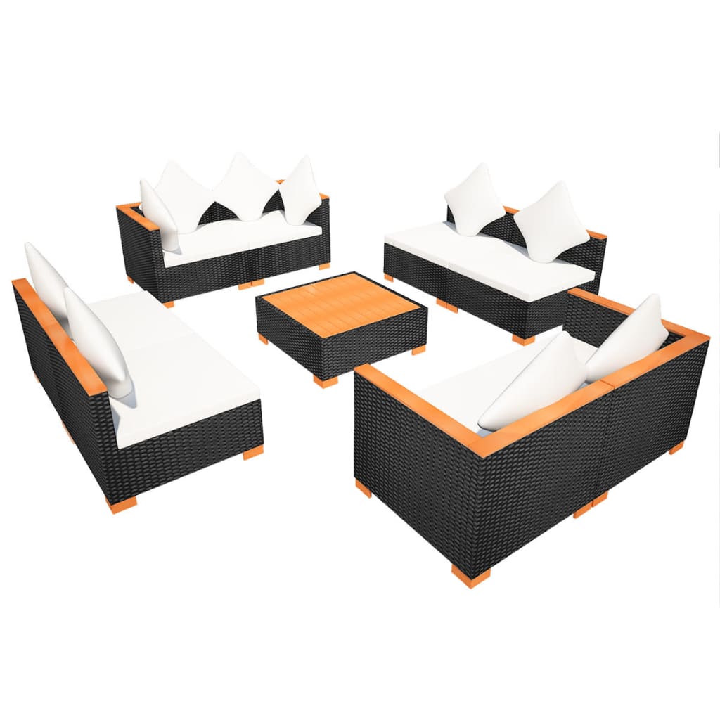 Set Divani da Giardino 9 pz con Cuscini in Polyrattan Nero 42752