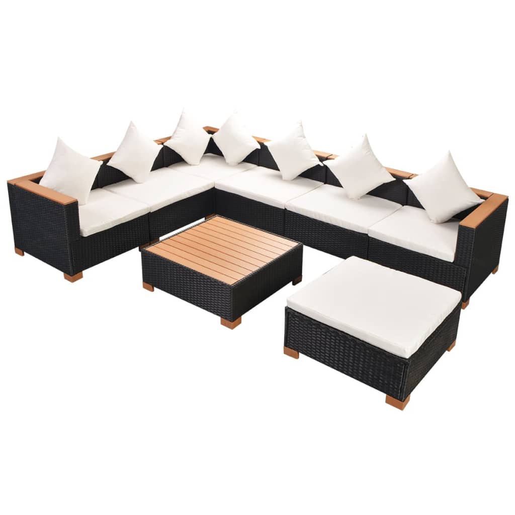 Set Divani da Giardino 8 pz con Cuscini in Polyrattan Nero 42758