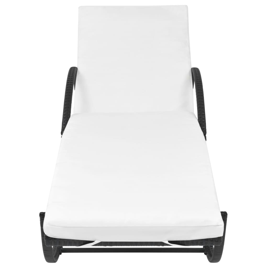 Lettino Prendisole con Cuscino e Tavolo in Polyrattan Nero