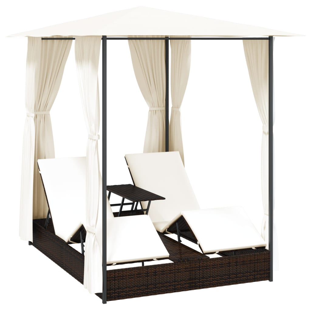 Lettino Prendisole Doppio con Tende in Polyrattan Marrone 42890
