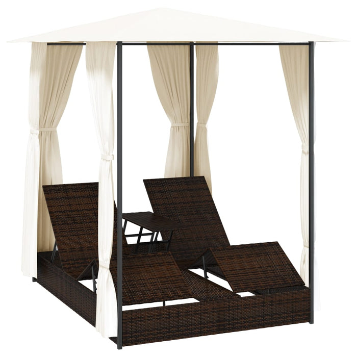 Lettino Prendisole Doppio con Tende in Polyrattan Marrone 42890