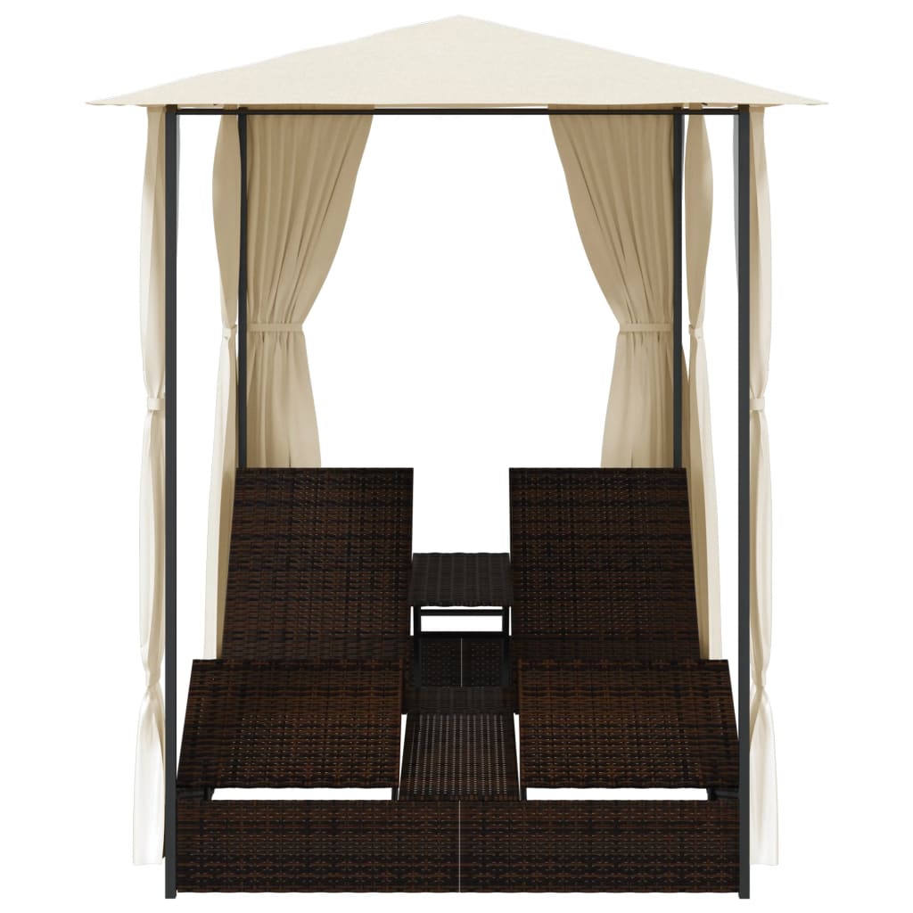 Lettino Prendisole Doppio con Tende in Polyrattan Marrone 42890