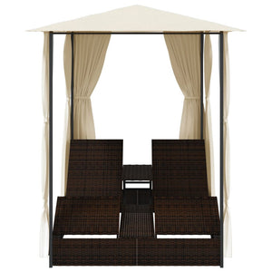 Lettino Prendisole Doppio con Tende in Polyrattan Marrone 42890