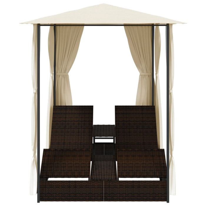 Lettino Prendisole Doppio con Tende in Polyrattan Marrone 42890