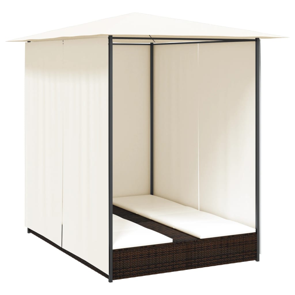 Lettino Prendisole Doppio con Tende in Polyrattan Marrone 42890