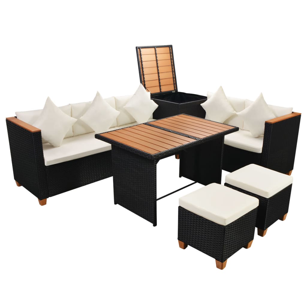 Set Divani da Giardino 7 pz con Cuscini in Polyrattan Nero 43008