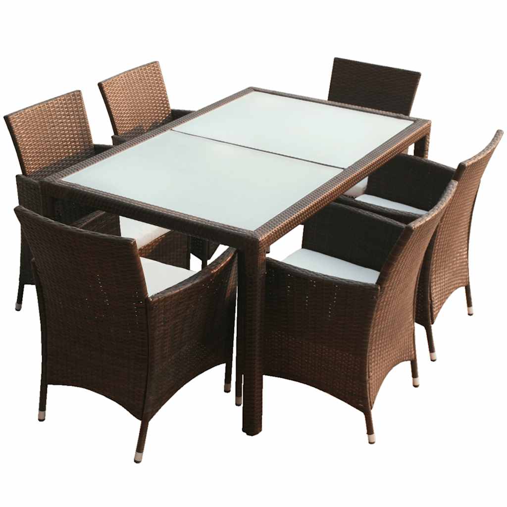 Set da Pranzo da Giardino 7 pz con Cuscini Polyrattan Marrone cod mxl 34921