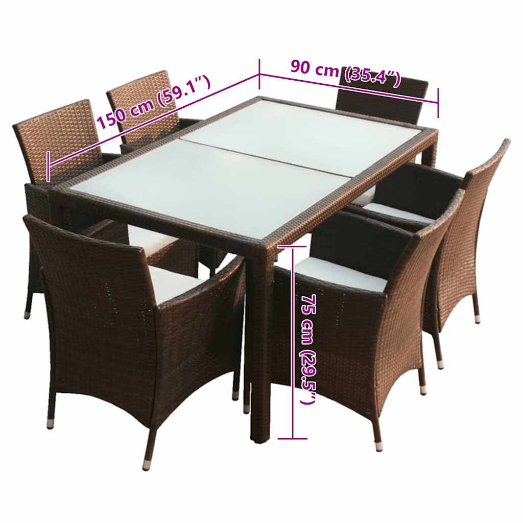 Set da Pranzo da Giardino 7 pz con Cuscini Polyrattan Marrone cod mxl 34921