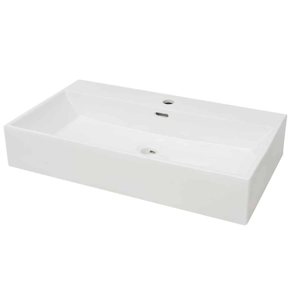 Lavandino con Foro Rubinetto in Ceramica-Lavabo-Lavello Bianca 76x42,5x14,5 cm