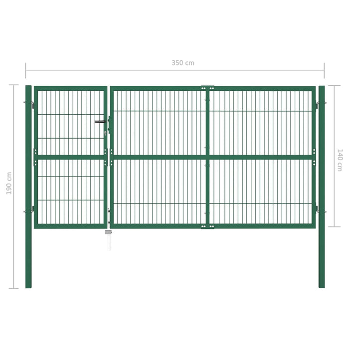 Cancello di Recinzione con Paletti 350x140 cm in Acciaio Verde 142571