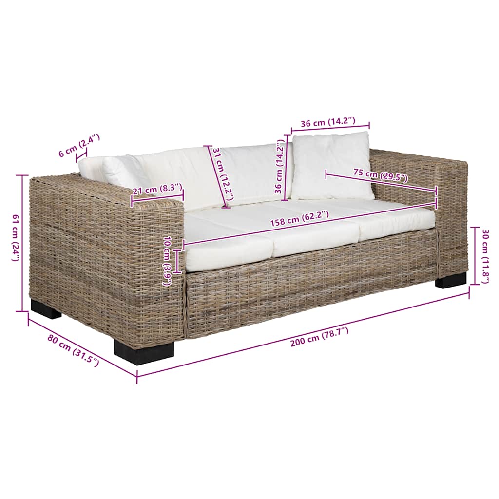 Divano a 3 Posti 8 pz in Rattan Naturale 243246