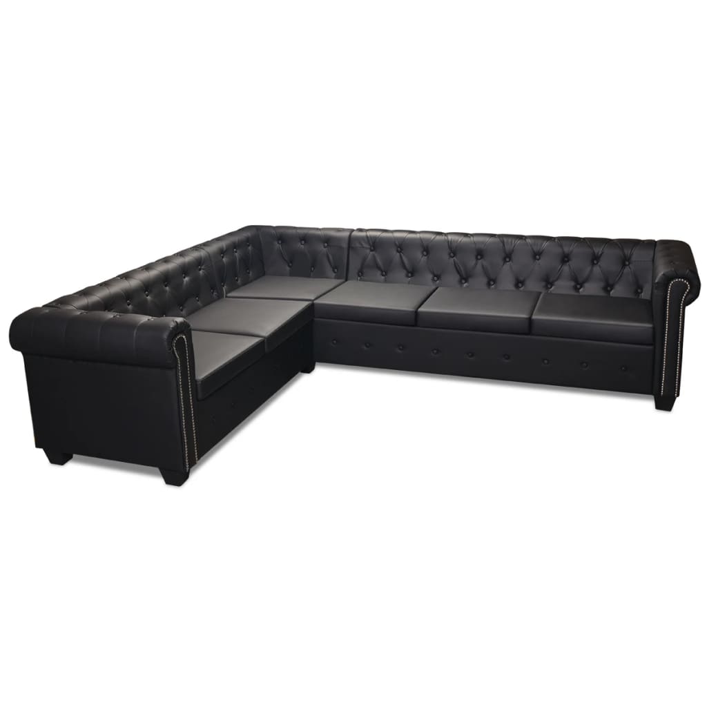 Divano angolare Chesterfield a 6 posti in similpelle nera 02_0020847