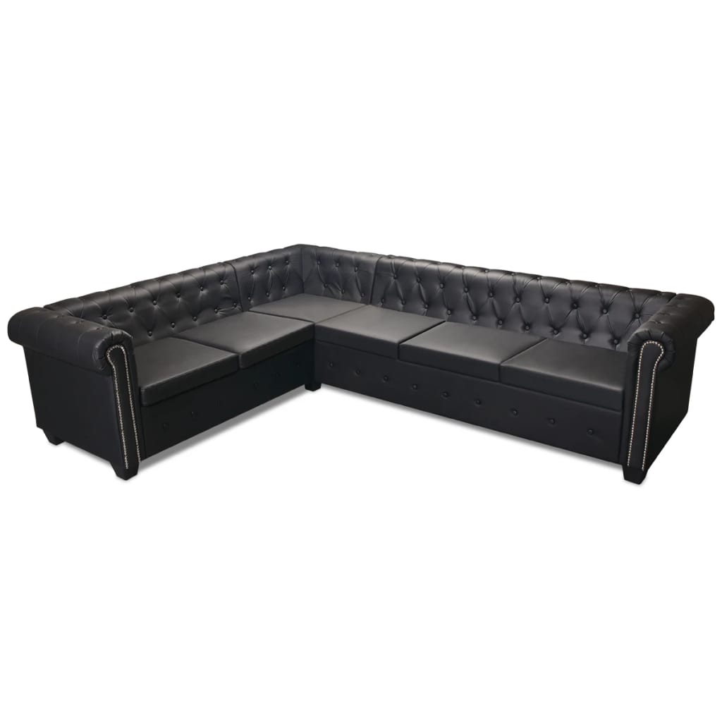 Divano angolare Chesterfield a 6 posti in similpelle nera 02_0020847