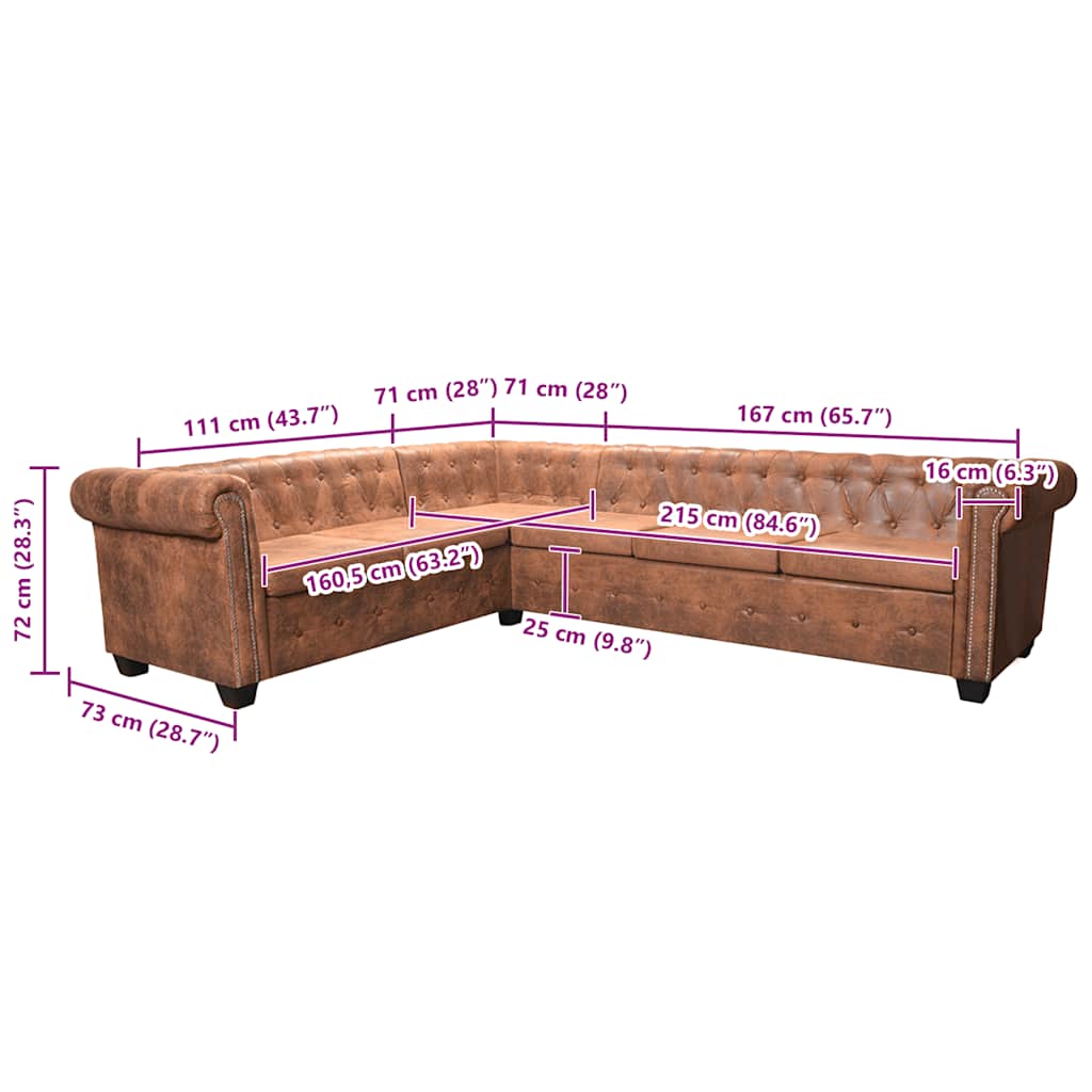 Divano Angolare Chesterfield 6 posti Pelle Artificiale Marrone 243618