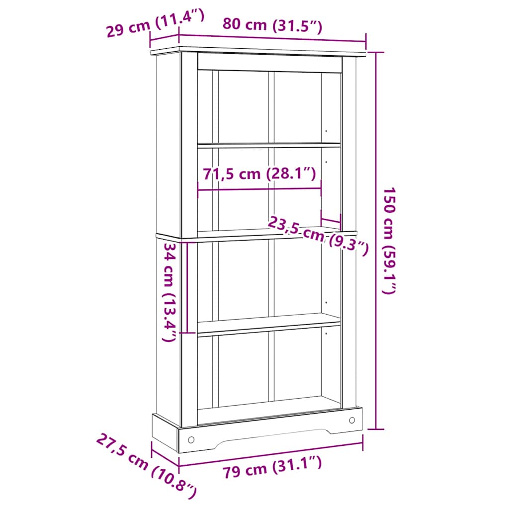 Libreria a 4 Ripiani-Scaffale per Libri-Mobile di Stoccaggio Pino Messicano Corona Range 80x29x150 cm