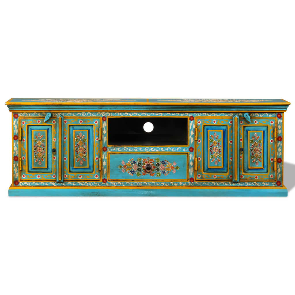 Mobile Porta TV in Legno Massello di Mango Blu Dipinto a Mano 244591