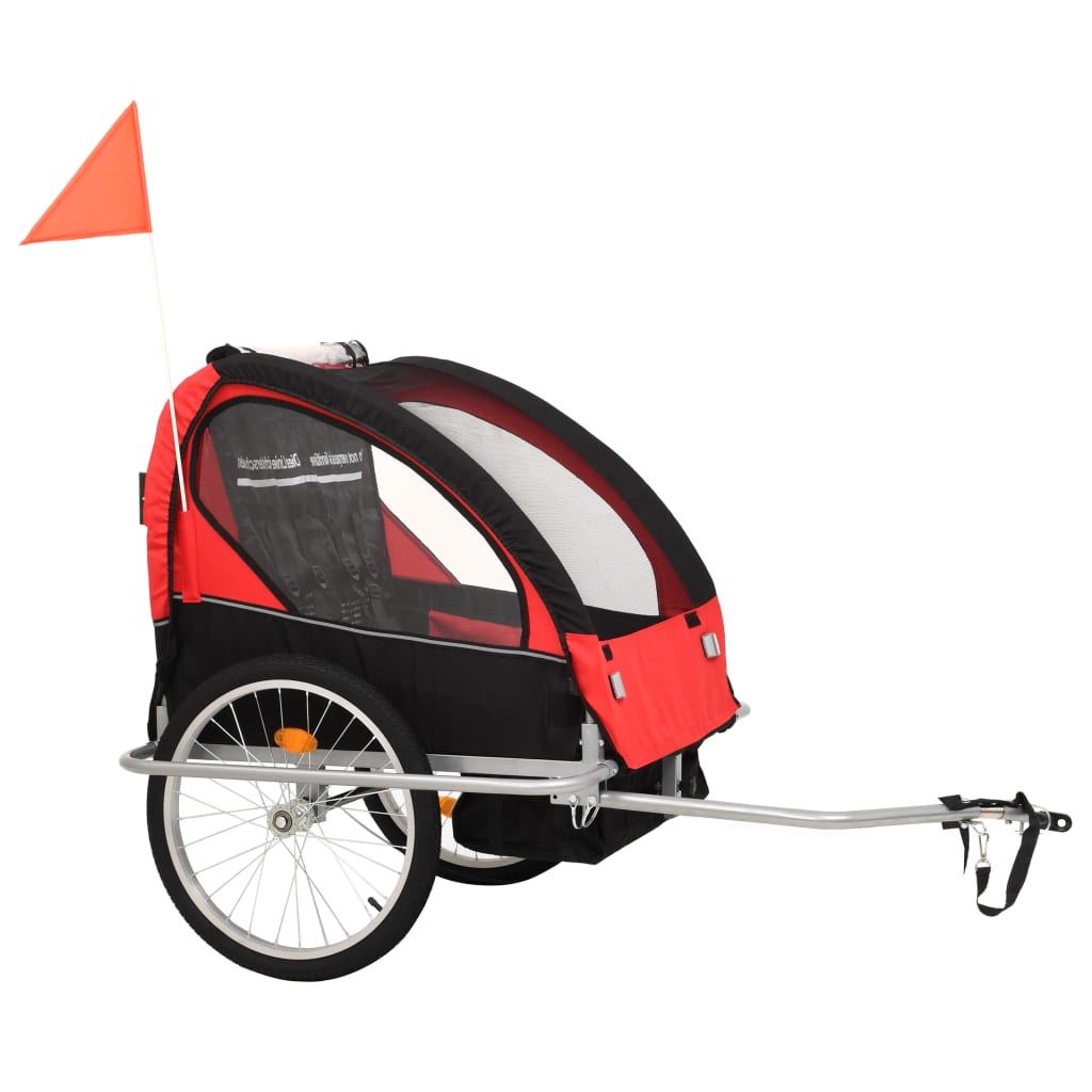 Rimorchio bicicletta e passeggino per bambini 2 in 1 tessuto Oxford + telaio in acciaio rosso e nero 02_0004480