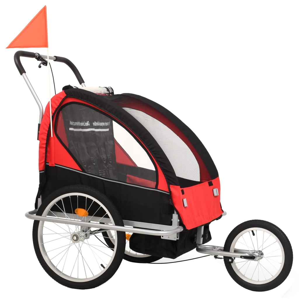 Rimorchio bicicletta e passeggino per bambini 2 in 1 tessuto Oxford + telaio in acciaio rosso e nero 02_0004480