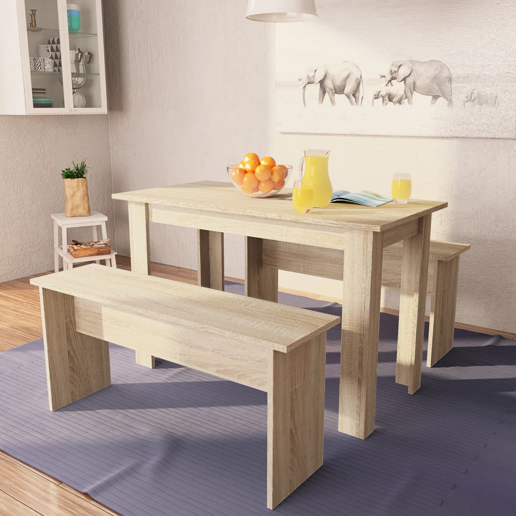 Tavolo da Pranzo e Panche 3 pz in Legno Multistrato Rovere 244866